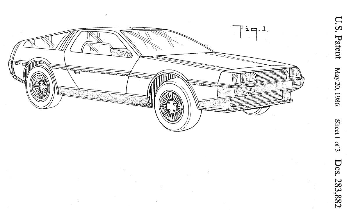 Раскраска Черно-белая раскраска с изображением машины Delorean, боковой вид