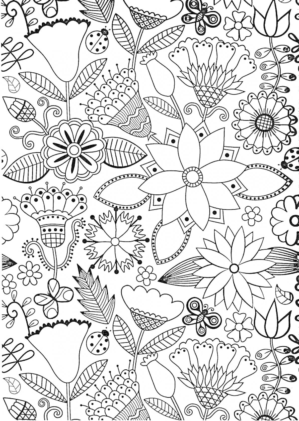 Раскраска Цветочный узор с бабочками и листьями