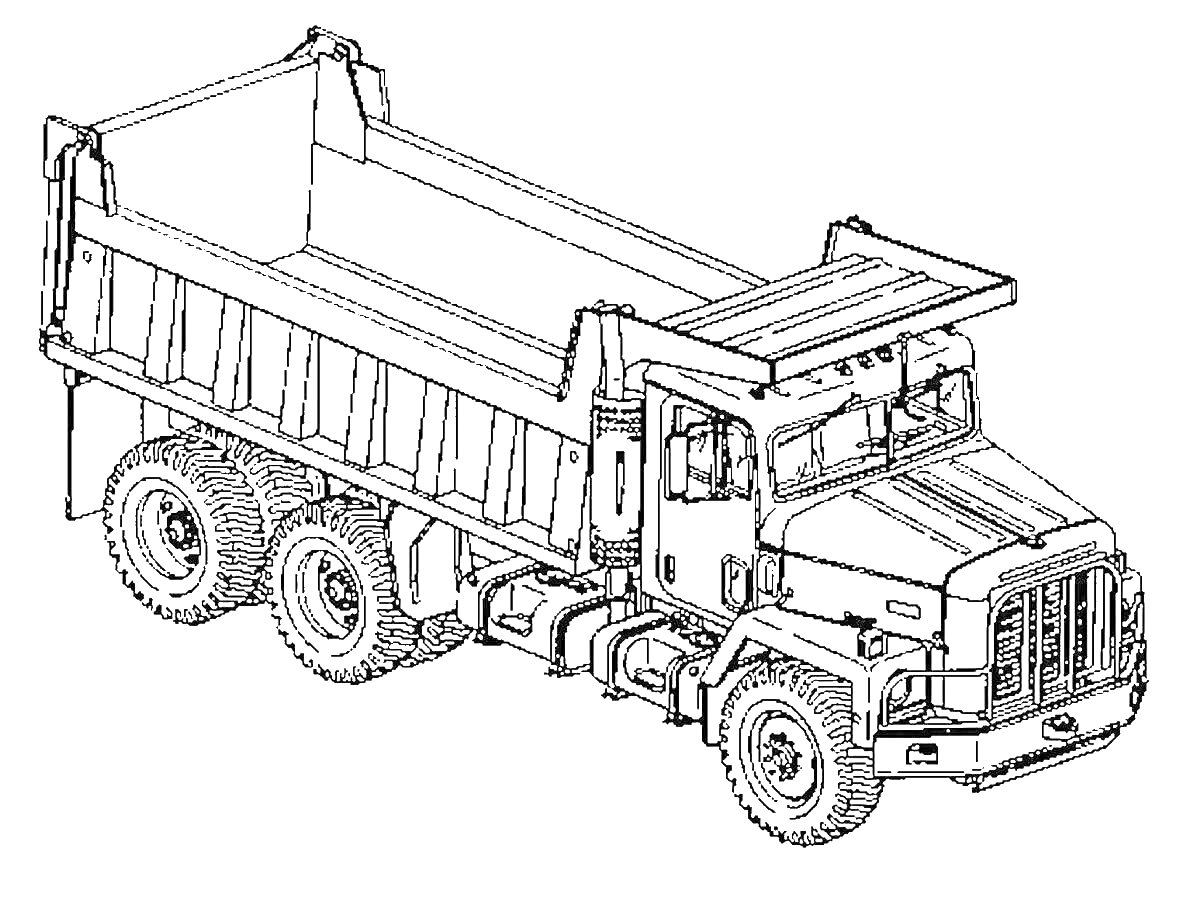 Раскраска Самосвал с открытым кузовом, с тремя осями и большими колесами