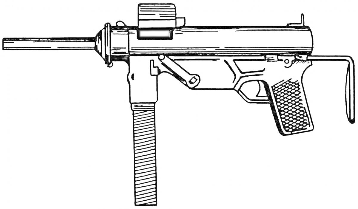 На раскраске изображено: Пистолет-пулемет, Прицел, Приклад, Оружие, Для детей