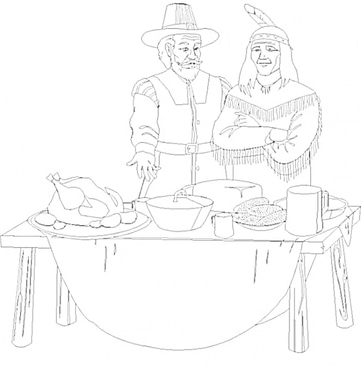 На раскраске изображено: Пир, Средневековая одежда, Стол, Еда, Хлеб, Тарелка