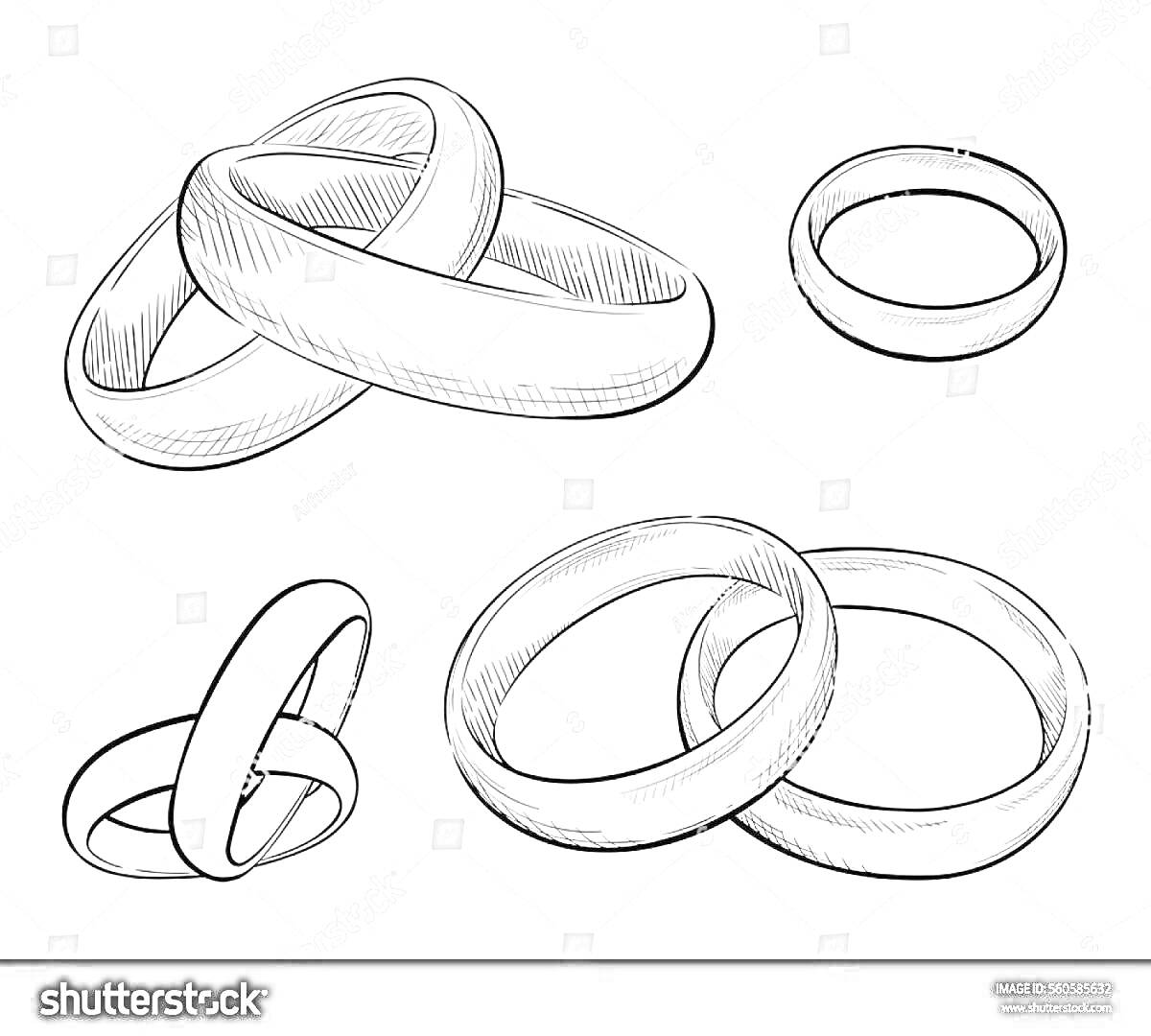 Раскраска Обручальные кольца, четыре пары, одна пара переплетённые кольца, отдельно стоящее кольцо