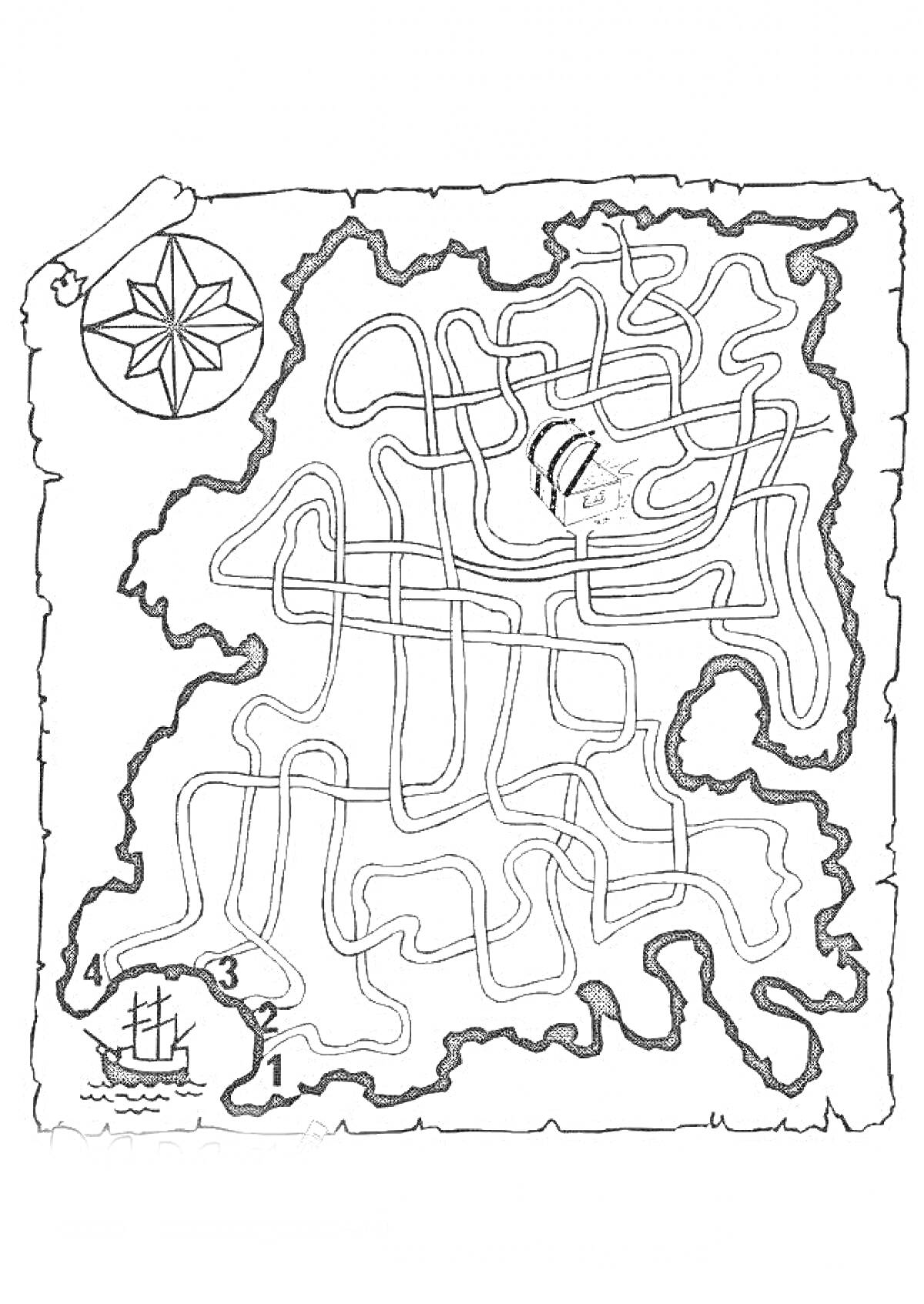 Раскраска Карта Сокровищ с лабиринтом, компасом и сундуком с сокровищами