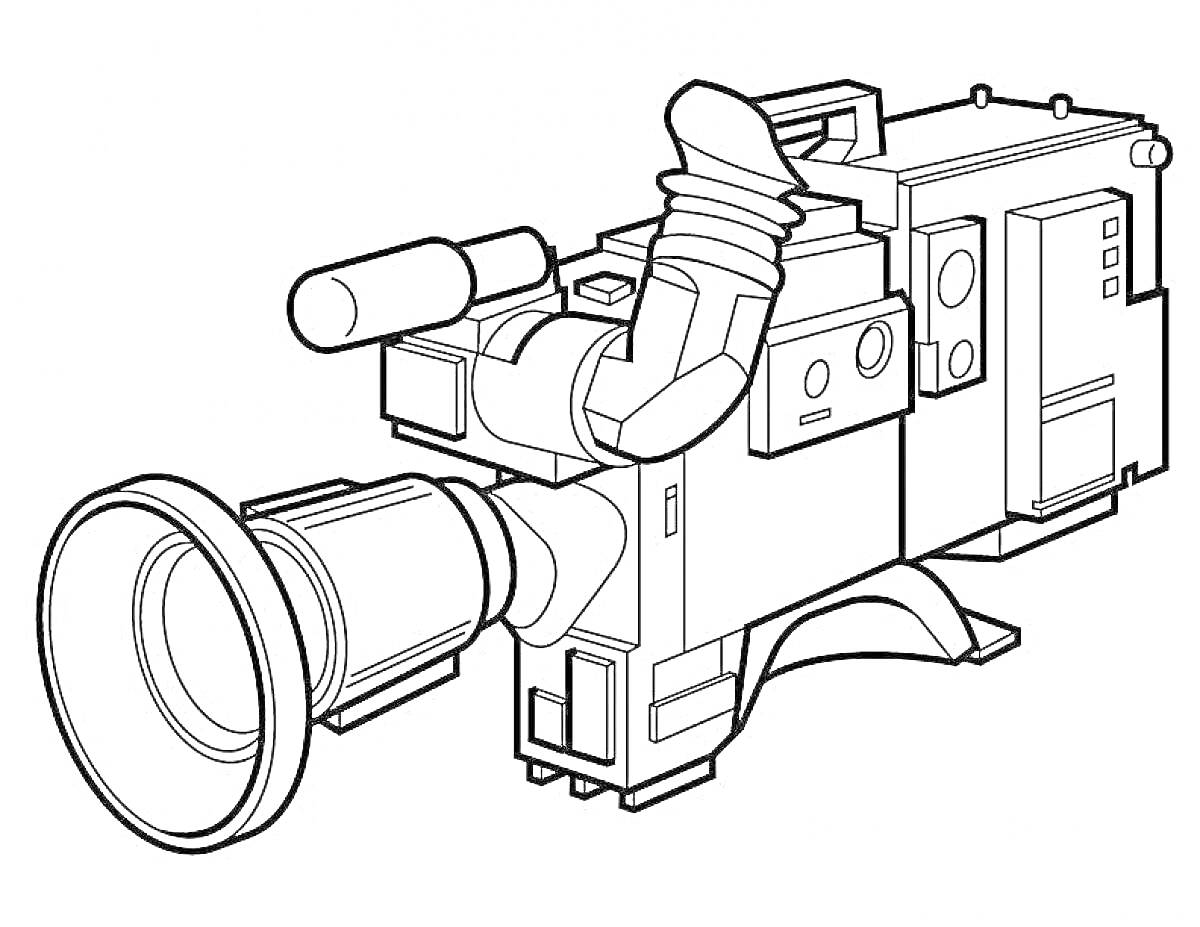 Раскраска Профессиональная видеокамера со съемочной оптикой и видоискателем