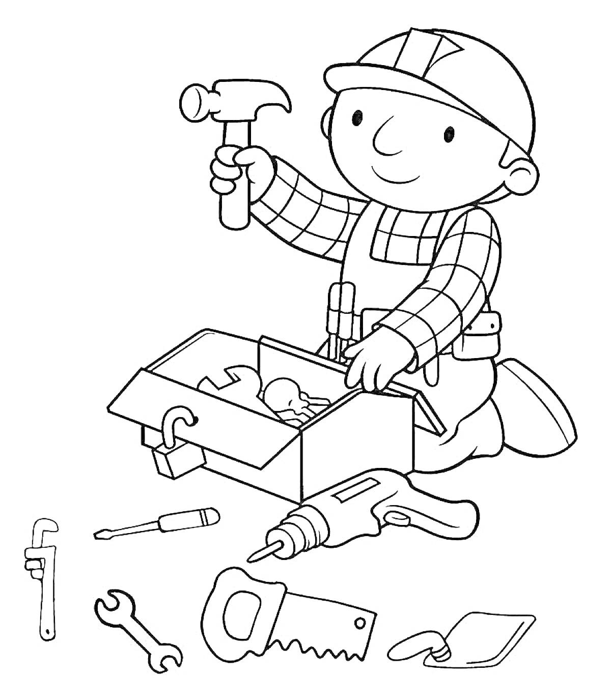 На раскраске изображено: Строитель, Молоток, Дрель, Пила, Гаечный ключ, Отвертка, Для детей, Инструмент
