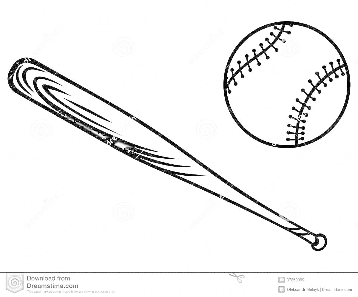 Раскраска Бейсбольная бита и мяч