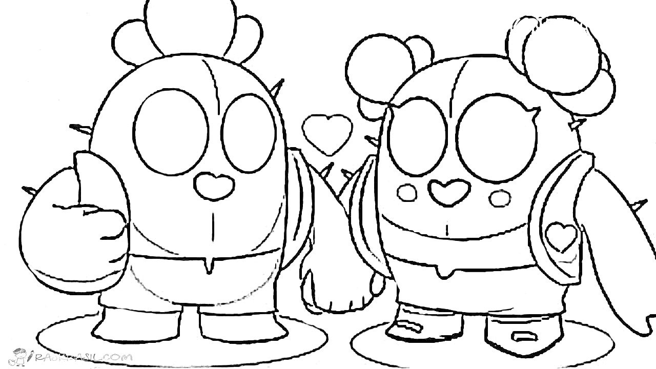Раскраска Два персонажа Спайк держатся за руки с сердцем между ними