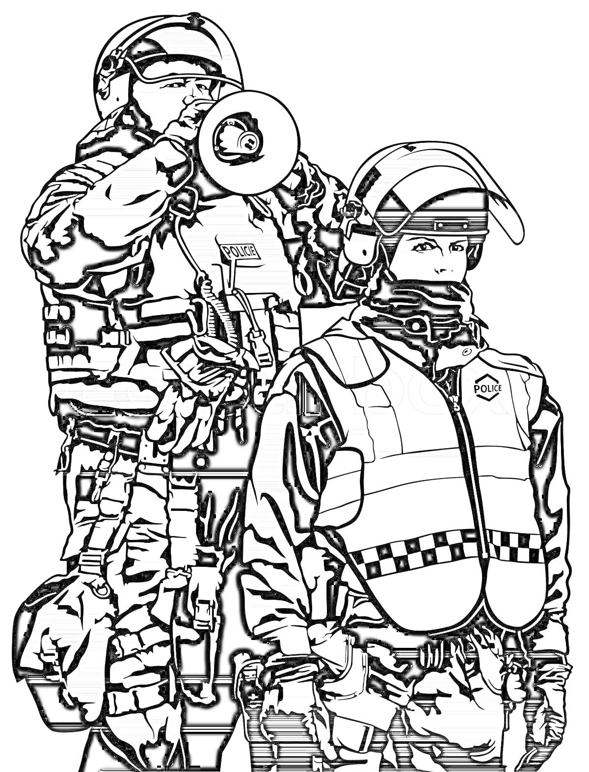 Раскраска ОМОН: офицер с мегафоном и офицер в защитном жилете и каске