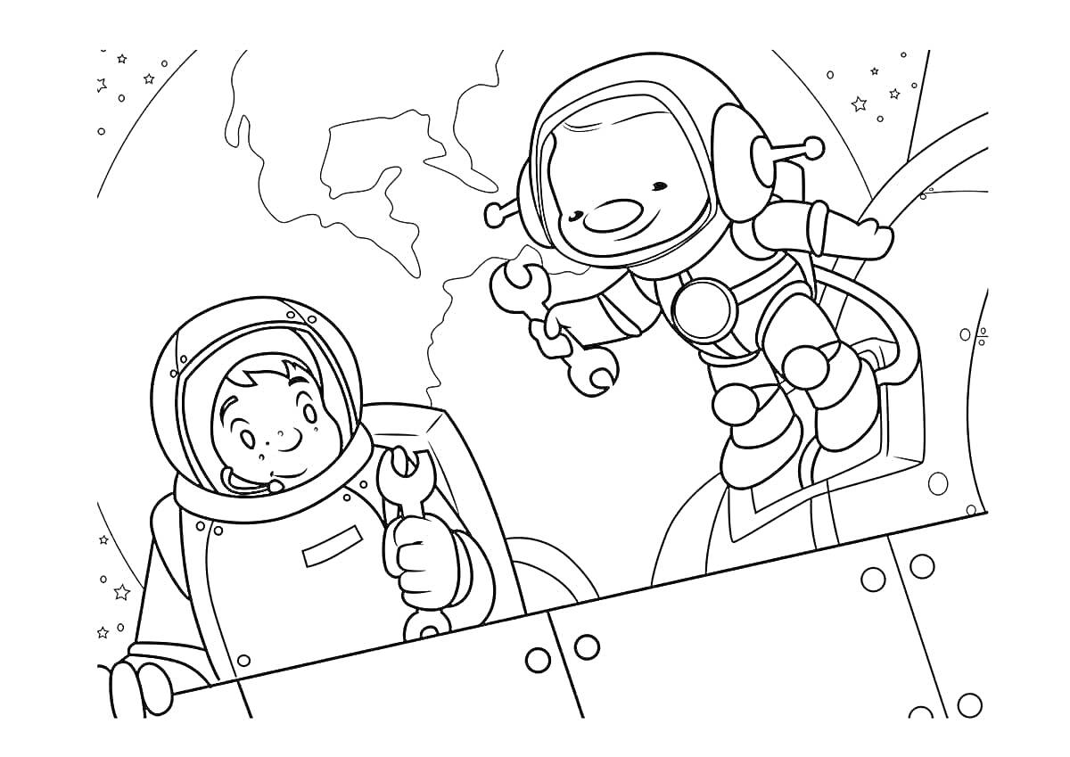 На раскраске изображено: Космос, Ремонт, Звезды, Космический костюм, Открытый космос