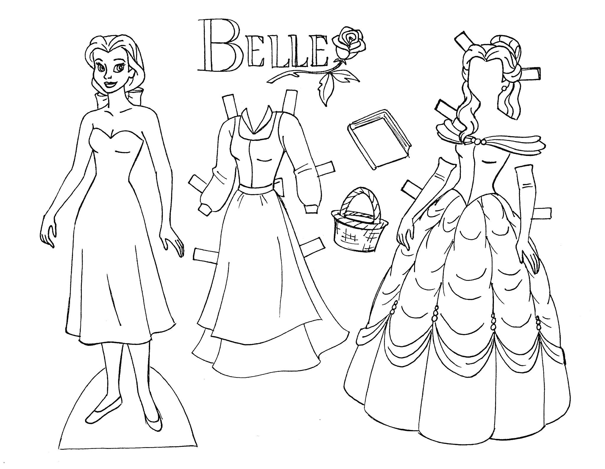 Раскраска Бумажная кукла - Белль с двумя платьями, книгой и корзинкой