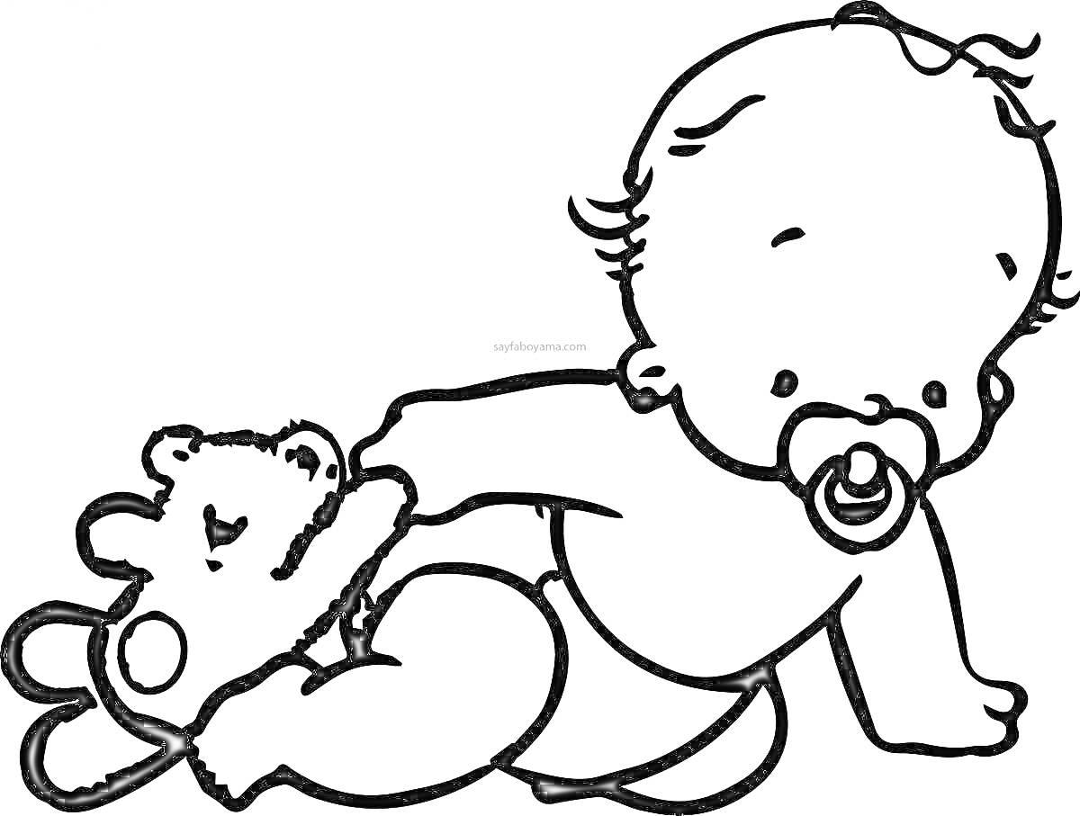 Раскраска Ребенок с соской и плюшевым медвежонком