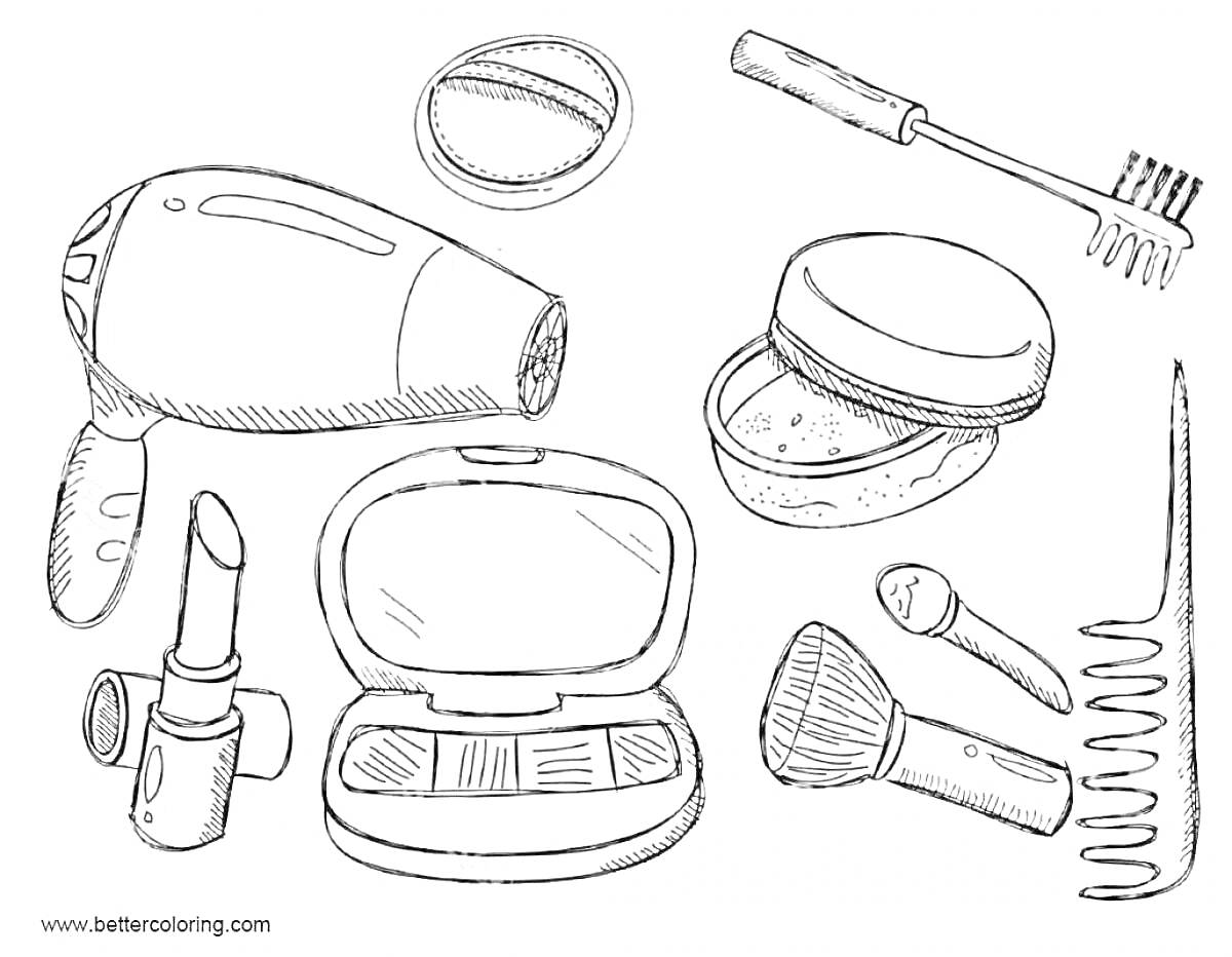 На раскраске изображено: Фен, Расческа, Помада, Зеркало, Пудреница, Косметика, Макияж