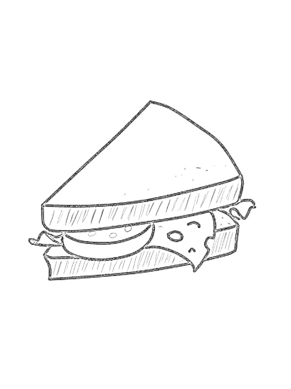 На раскраске изображено: Сэндвич, Бутерброд, Сыр, Салат, Помидор, Хлеб, Еда, Перекус