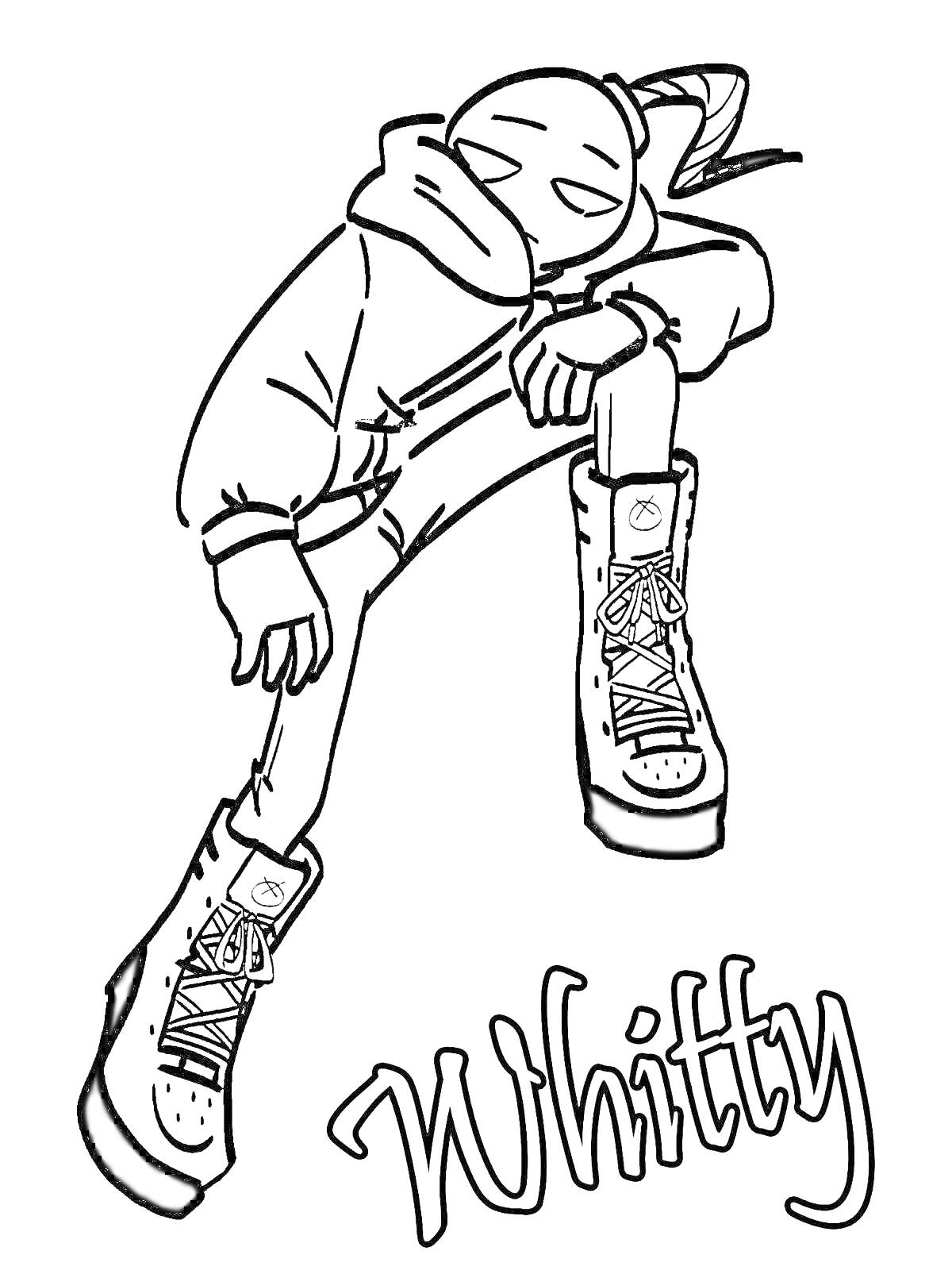 Раскраска Whitty в толстовке и высоких ботинках на шнуровке, название персонажа внизу