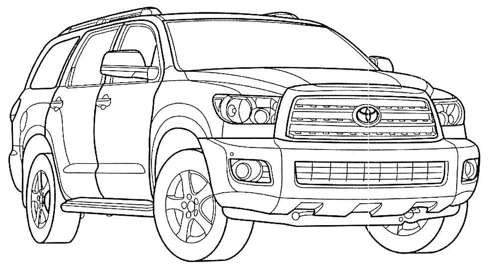 Раскраска Toyota SUV с передним видом, включающий видимую решетку радиатора с логотипом Toyota, фары, бамперы, боковые зеркала, колеса и шины.