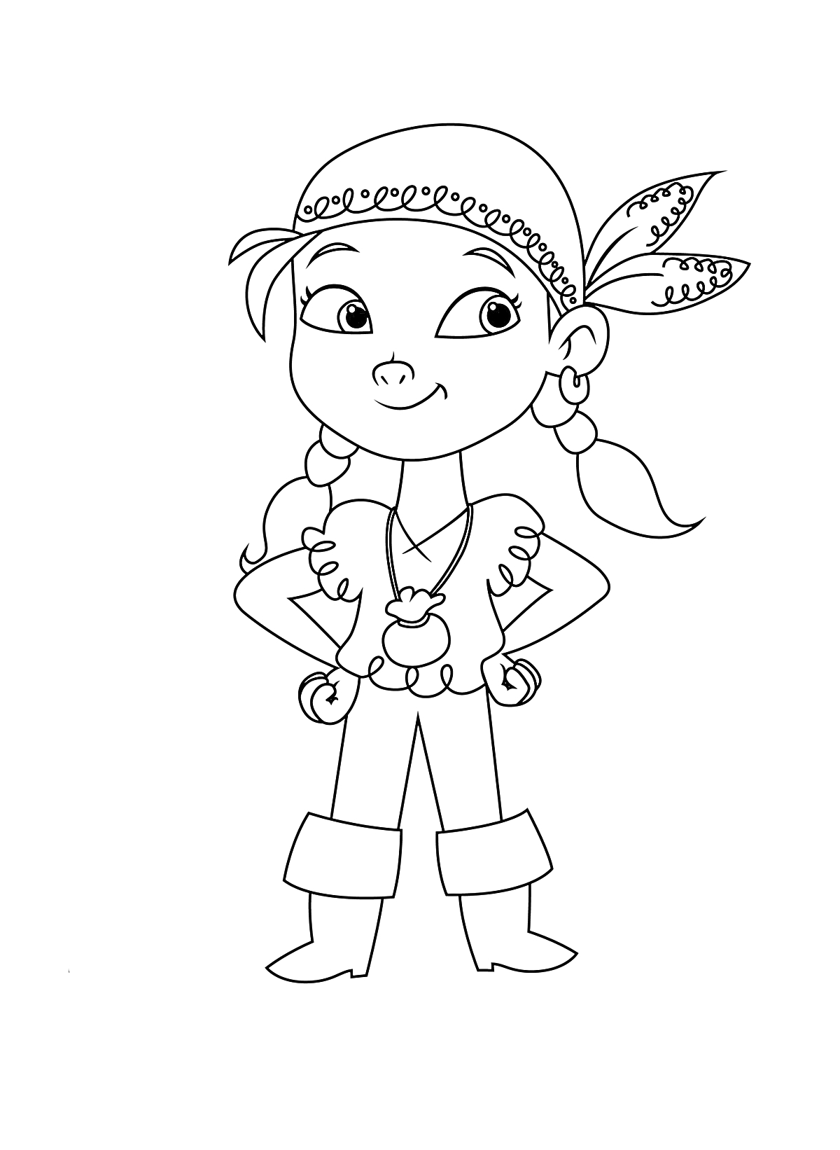 Девочка-пиратка с платком на голове, кудрявыми волосами и серьгами