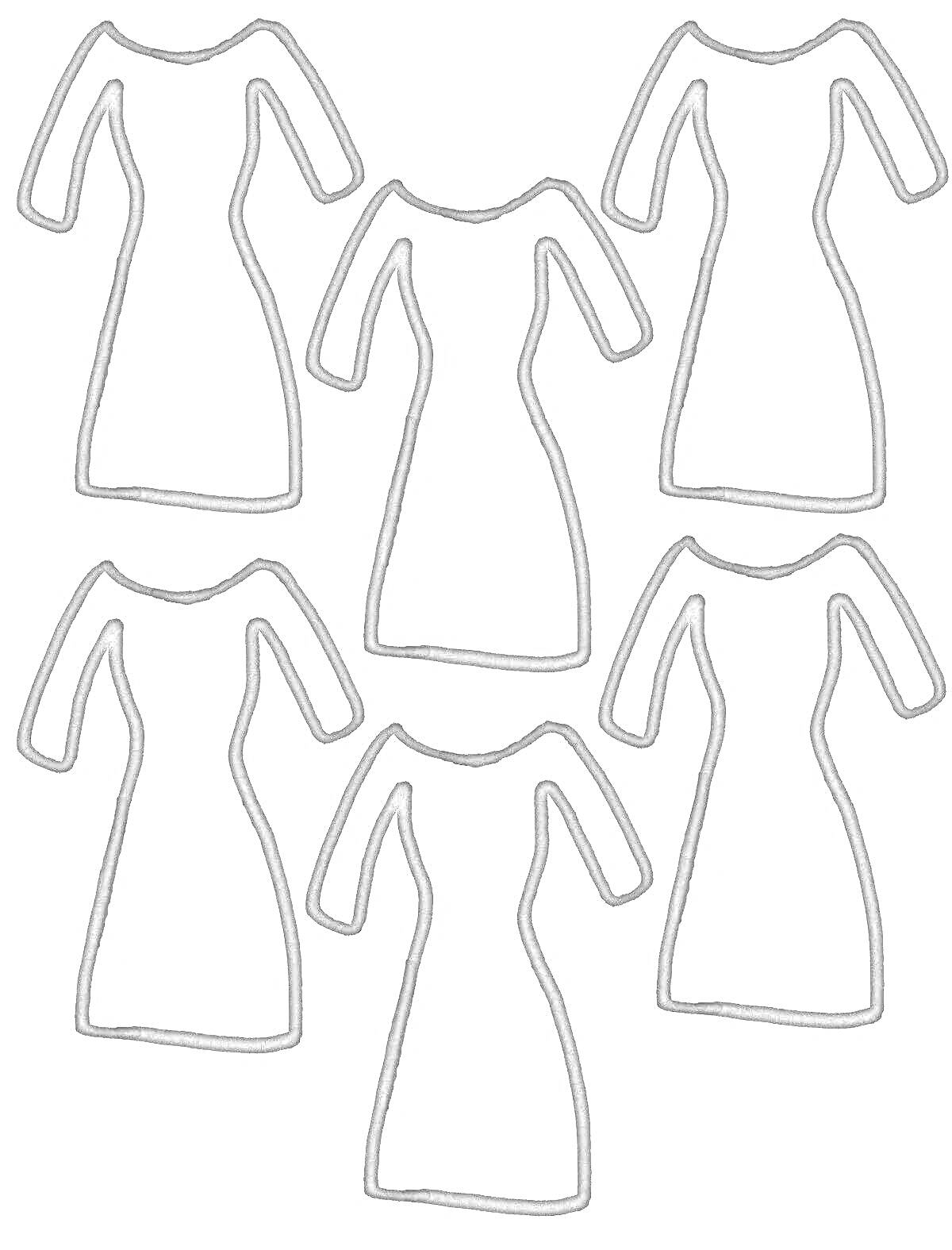 Раскраска Шаблон для раскраски с изображением шести платьев с длинными рукавами