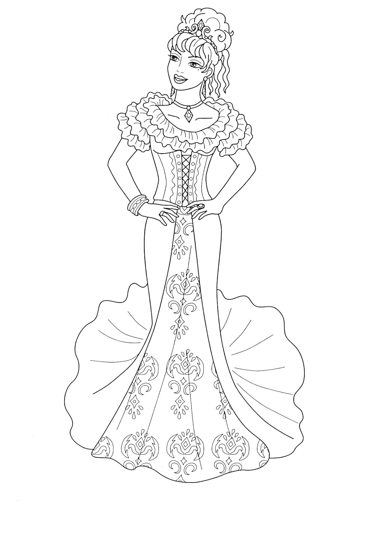 Раскраска Принцесса с короной в пышном платье с узорами, ожерельем и браслетом, руки на талии