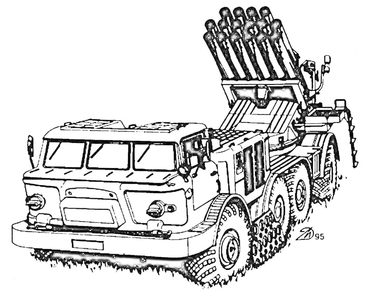 На раскраске изображено: Катюша, Военный грузовик, Военная техника, Колесный транспорт, Оружие, Армия, Артиллерия