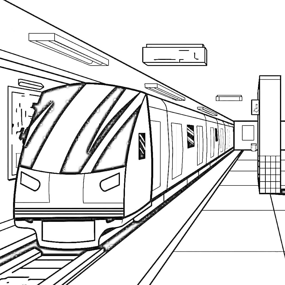 Поезд на станции метро с платформой и обрамлением