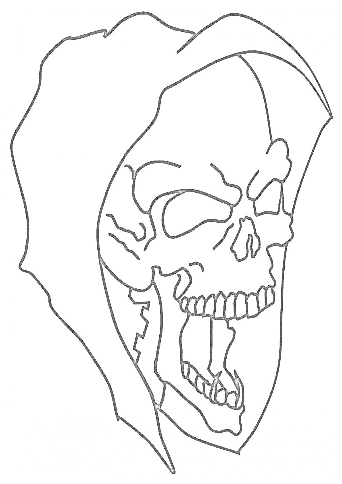 На раскраске изображено: Череп, Капюшон, Смерть, Гримаса, Скелет