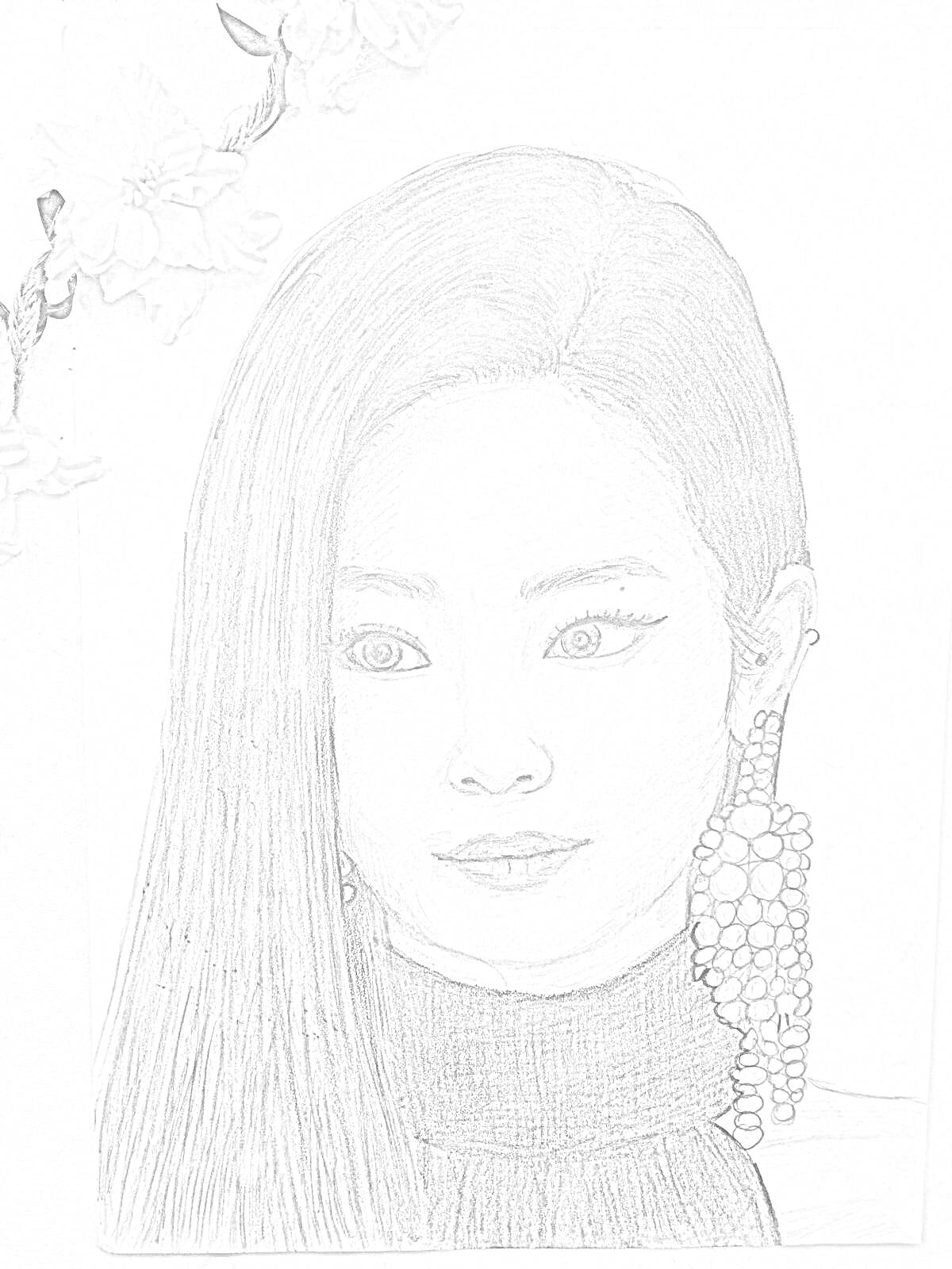 Раскраска Портрет девушки с длинными волосами и крупными серьгами, на фоне ветки с цветами