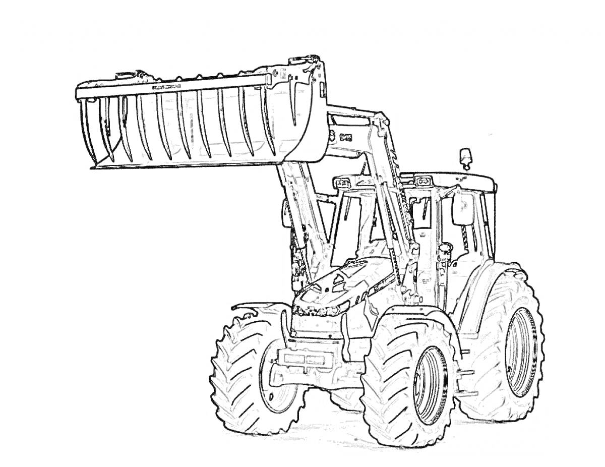 На раскраске изображено: Трактор, Ковш, Сельскохозяйственная техника, Рабочая машина, Иллюстрация