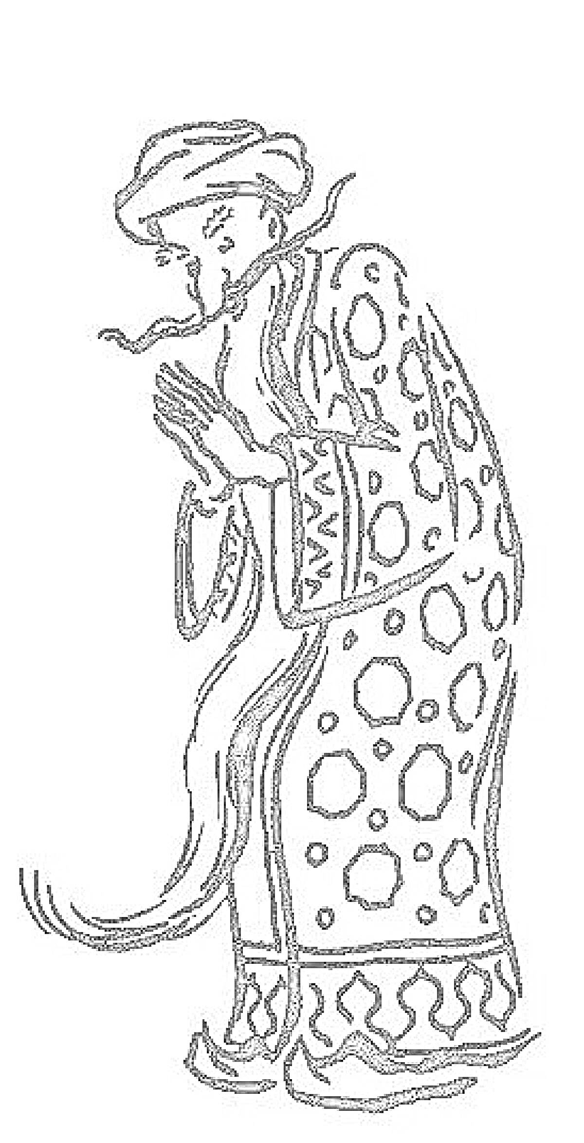 Раскраска Старик Хоттабыч, в длинной одежде с узором, со сложенными руками, с длинной бородой, в тюрбане