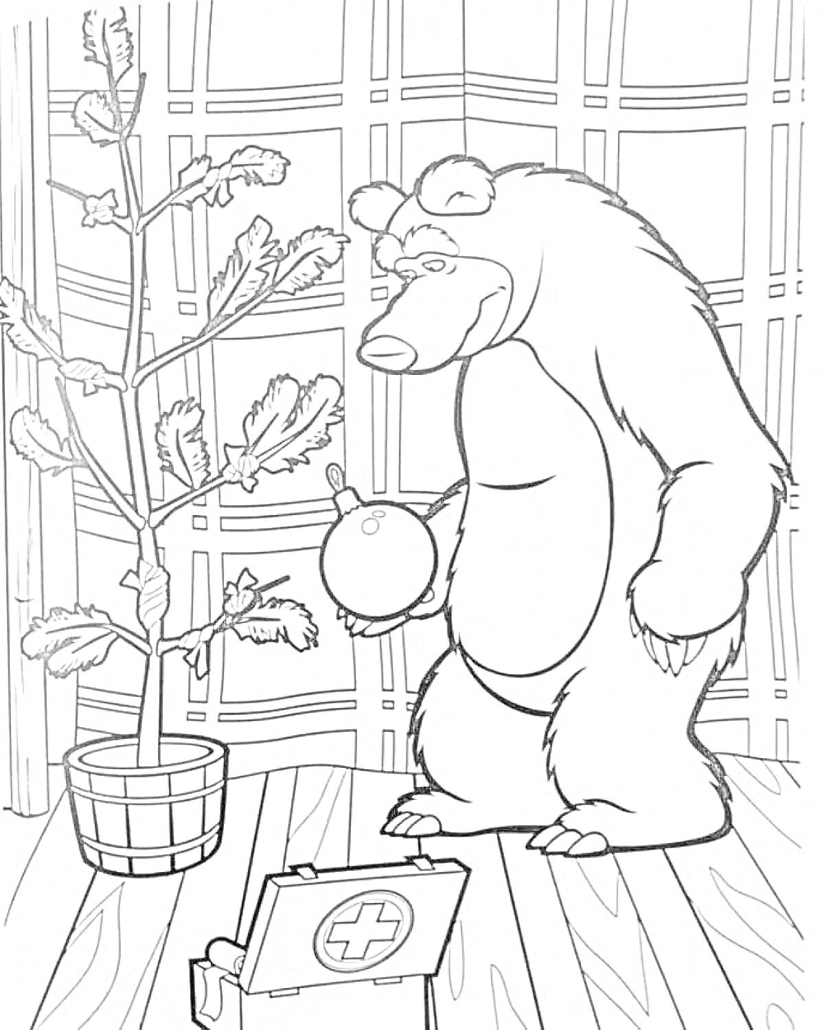 Раскраска Медведь рядом с растением, держит фонендоскоп и аптечку