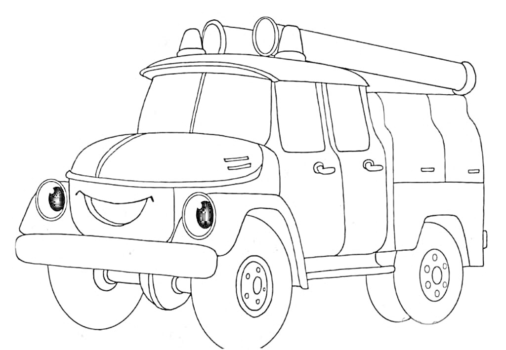 Раскраска Пожарная машина с улыбающимся лицом, фарами-глазами, лестницей на крыше и двумя колесами спереди