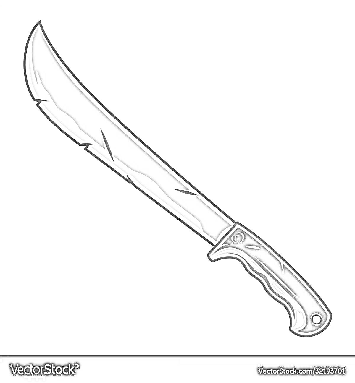 На раскраске изображено: Мачете, Нож, Оружие, Лезвие, Ручка, Металл, Изогнутый, Инструмент