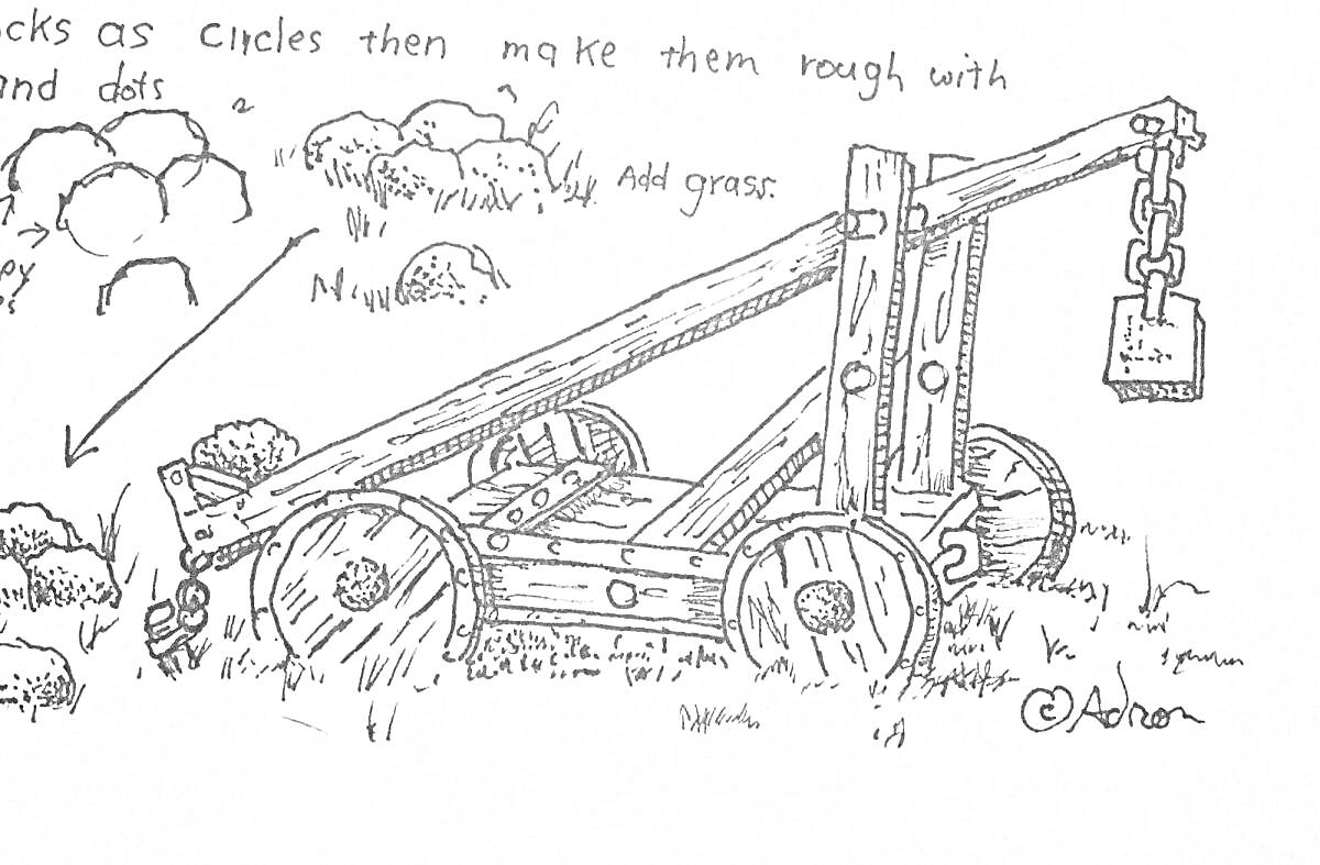 Раскраска Катапульта на фоне камней и травы
