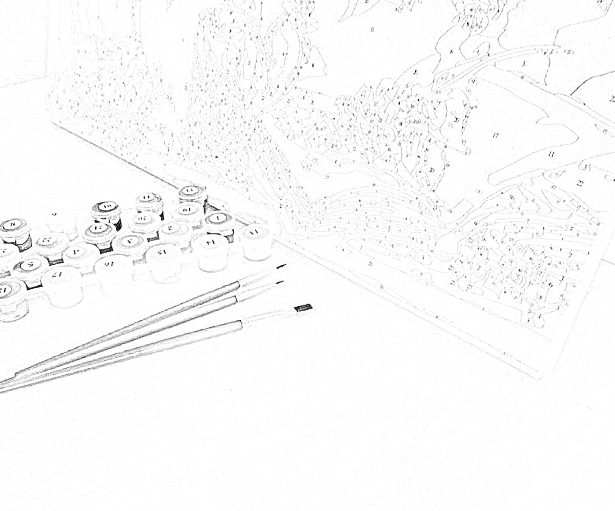 Раскраска Набор для раскраски по номерам с холстом, красками и кистями на столе