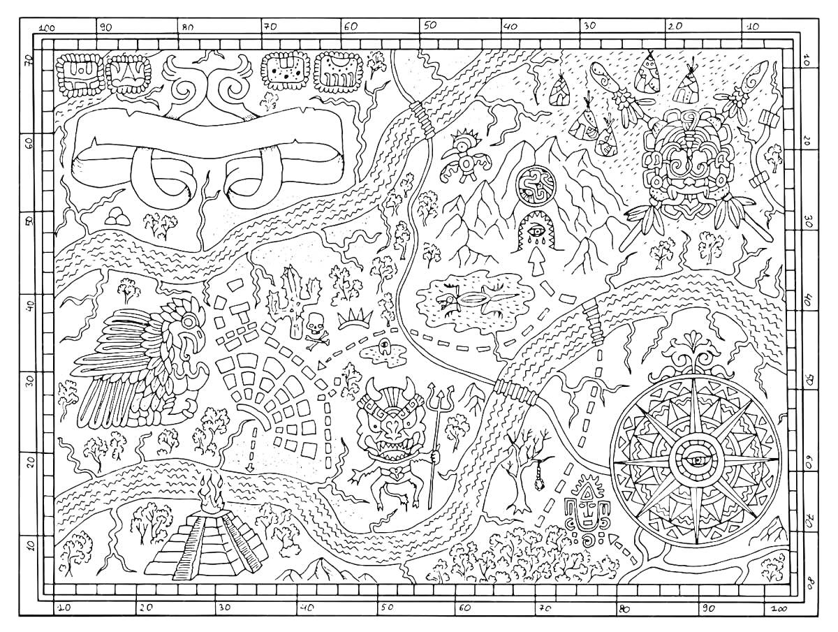 Раскраска Карта с древними сооружениями и мифическими существами, реками и горами