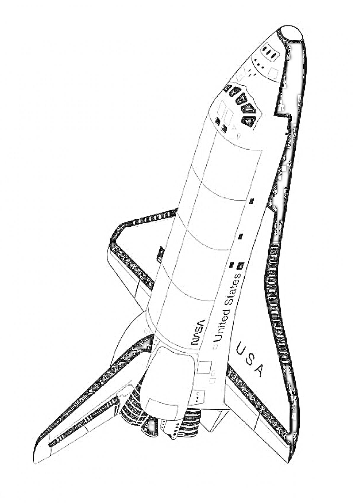 На раскраске изображено: Шаттл, Космос, NASA, USA, Крылья, Двигатели, Окна