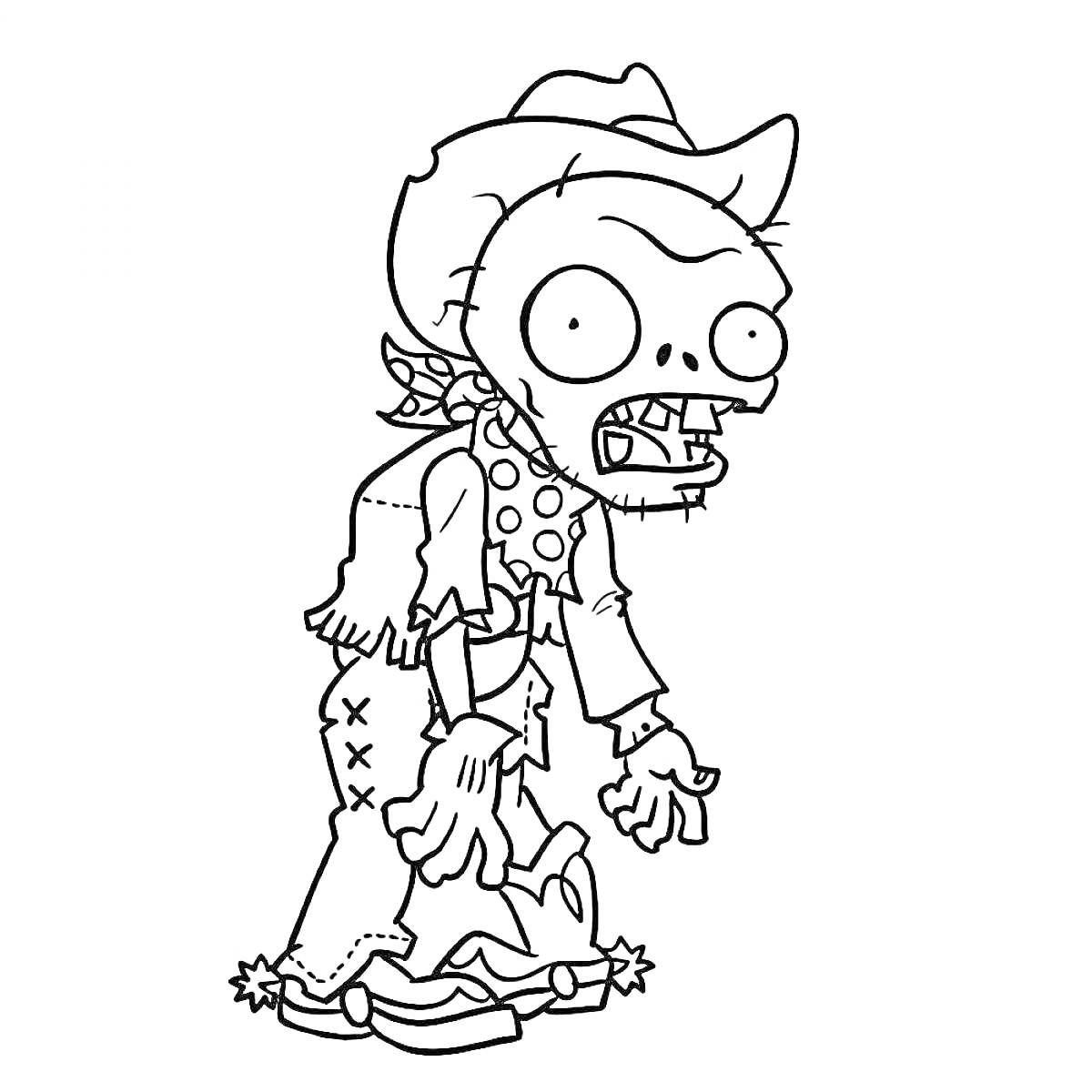 Раскраска Зомби в ковбойской шляпе с платком и заплатками на одежде