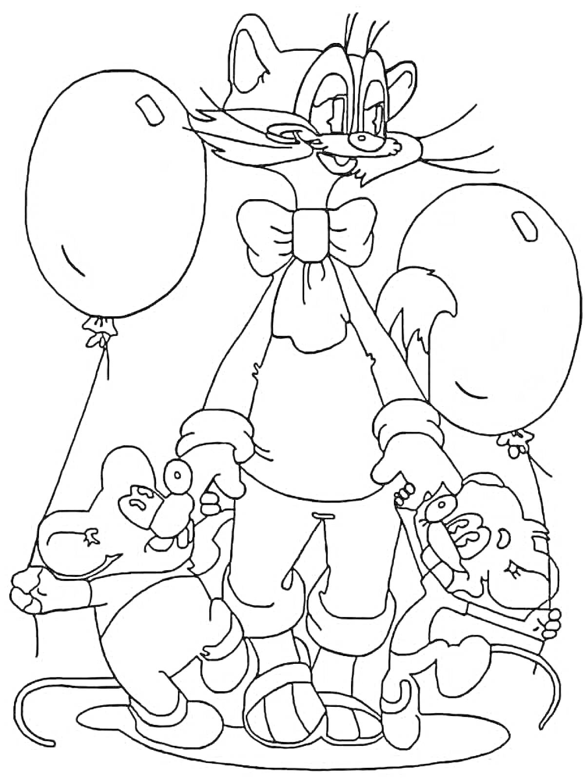 Раскраска Леопольд с мышатами и воздушными шариками