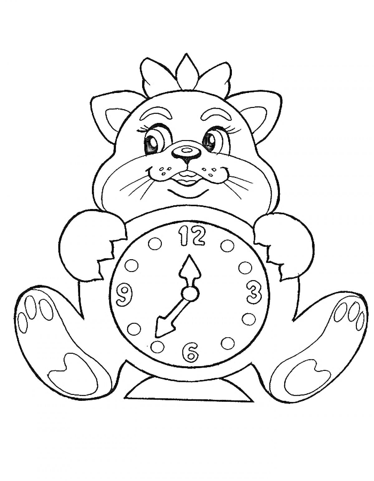 На раскраске изображено: Часы, Животные, Время, Цифры, Стрелки, Для детей, Кот