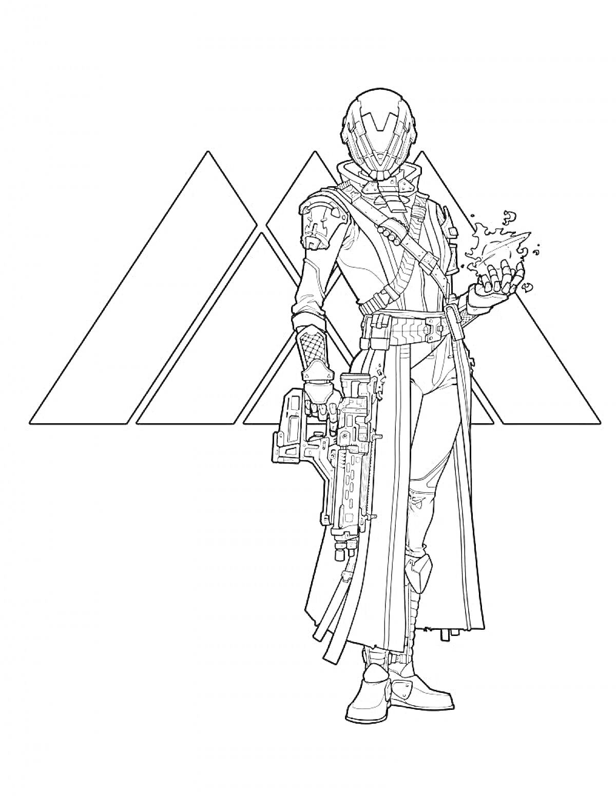 Человек в футуристической броне с оружием и магическим шаром на фоне трех треугольников