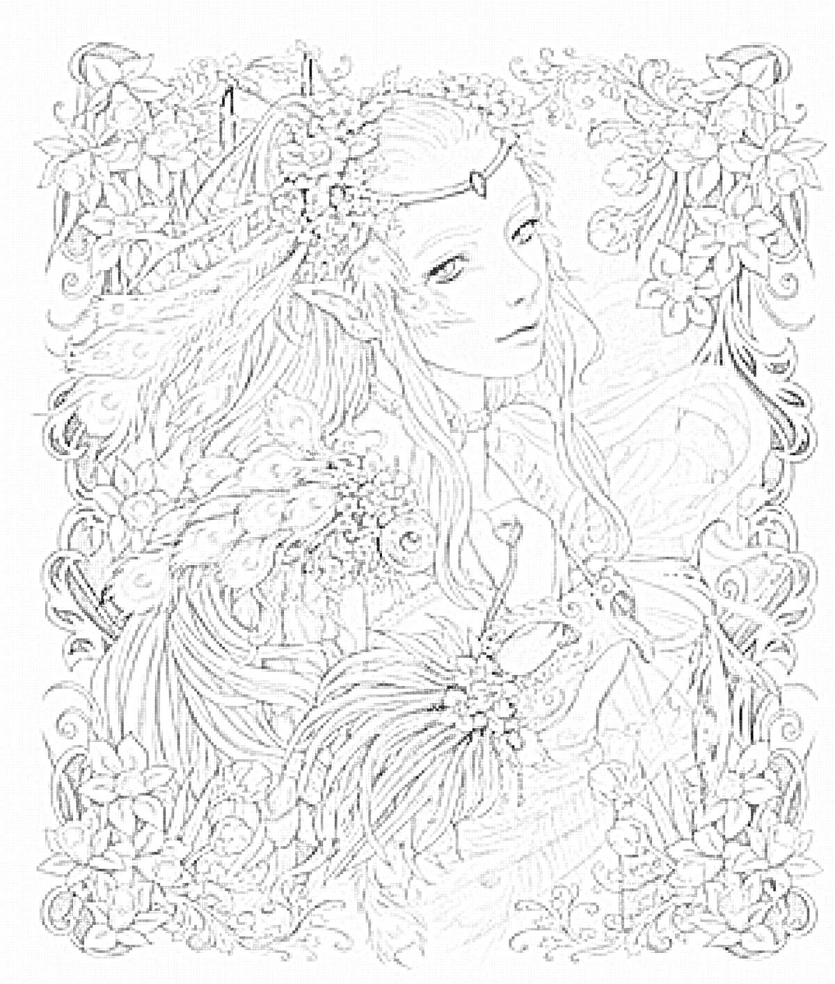 Раскраска Фэнтези девушка с цветами, ушами эльфа и павлиньим пером в волосах на фоне цветов и узоров