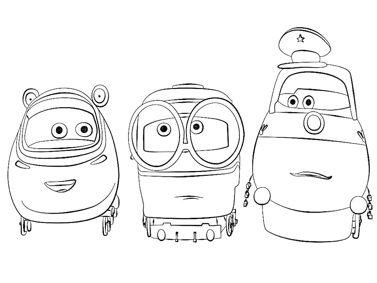 Раскраска Три паровозика из мультфильма «Паровозик Тишка»: паровозик в шлеме медведя, паровозик с очками, паровозик в фуражке
