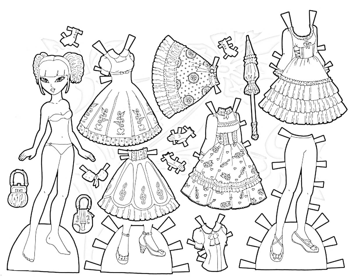 Раскраска Кукла с одеждой для вырезания: четыре платья, юбка, зонтик, пара туфель, пара сапог, две сумки, два аксессуара для волос.