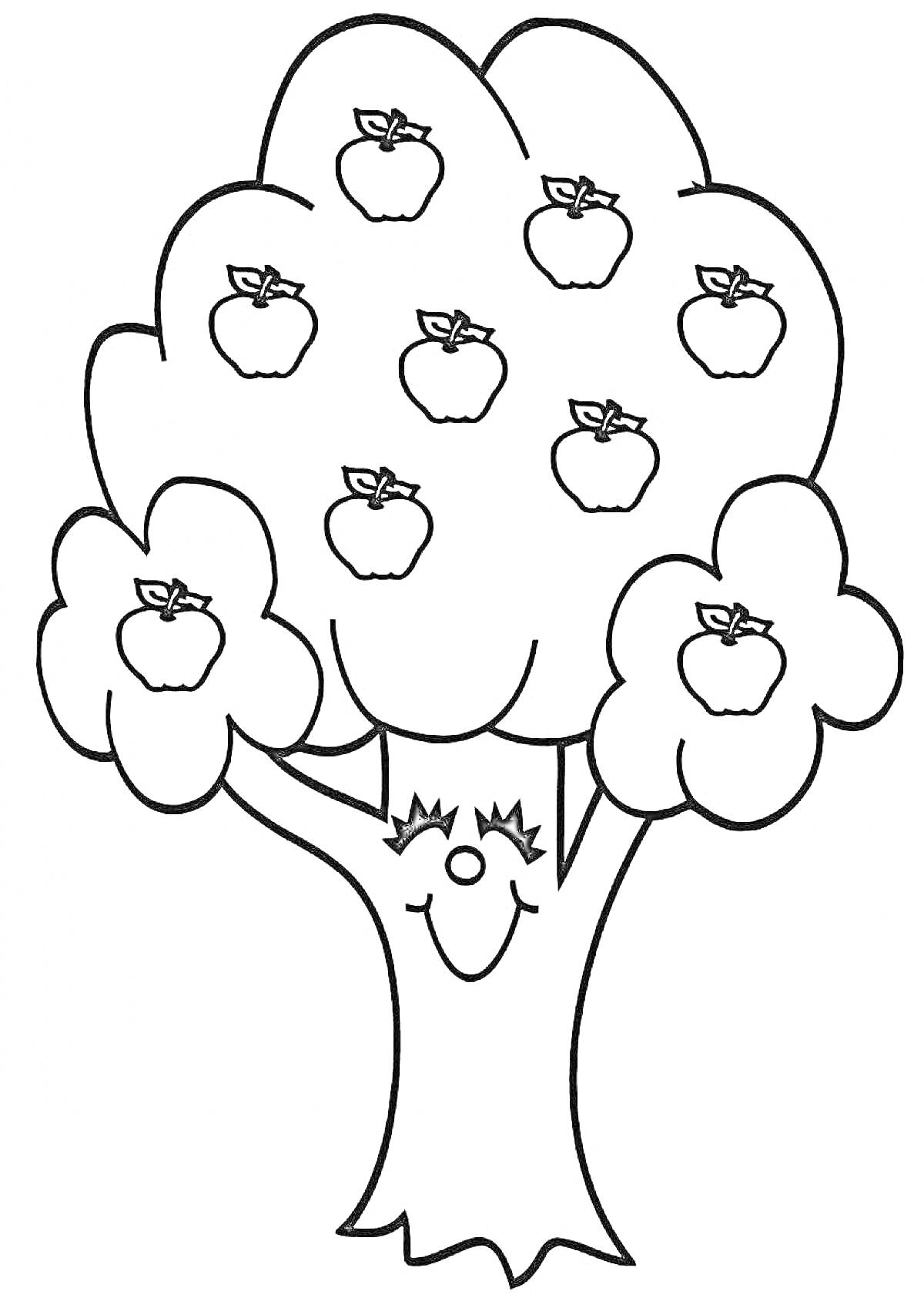 Раскраска Яблоня с яблоками и улыбающимся лицом на стволе