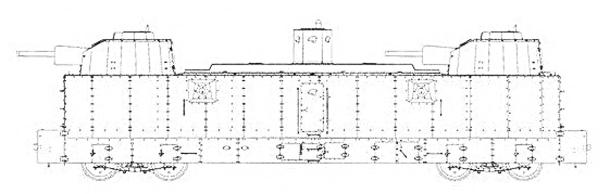 Раскраска Бронепоезд с двумя башнями, тремя пушками и бронированными стенами, окованный заклепками