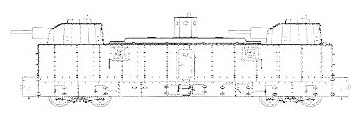 На раскраске изображено: Бронепоезд, Башни, Броня, Заклепки, Черчение, Схема, Транспорт, Военная техника, Пушка