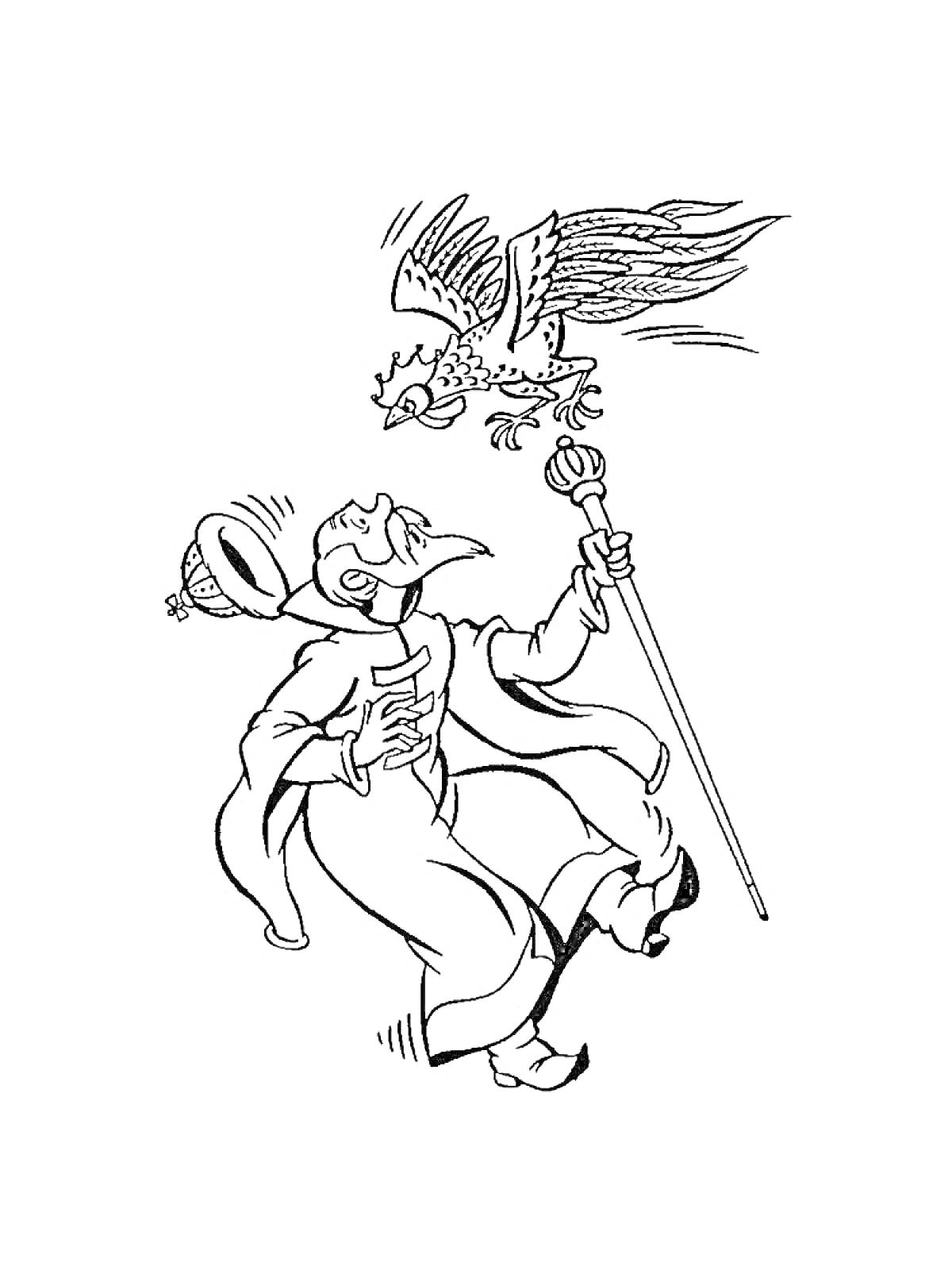 Раскраска Человек в короне с посохом и взлетающий золотой петушок