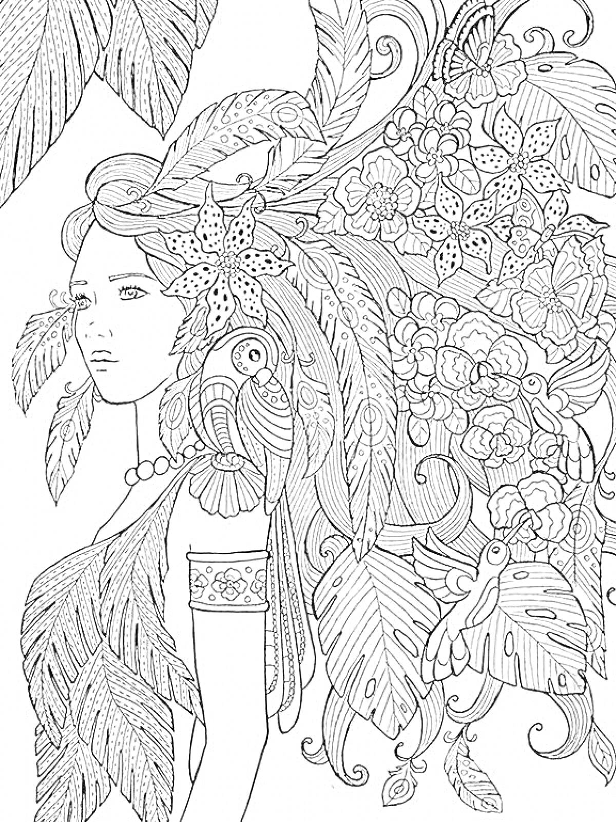 Девушка с цветами, бабочками и листьями в волосах