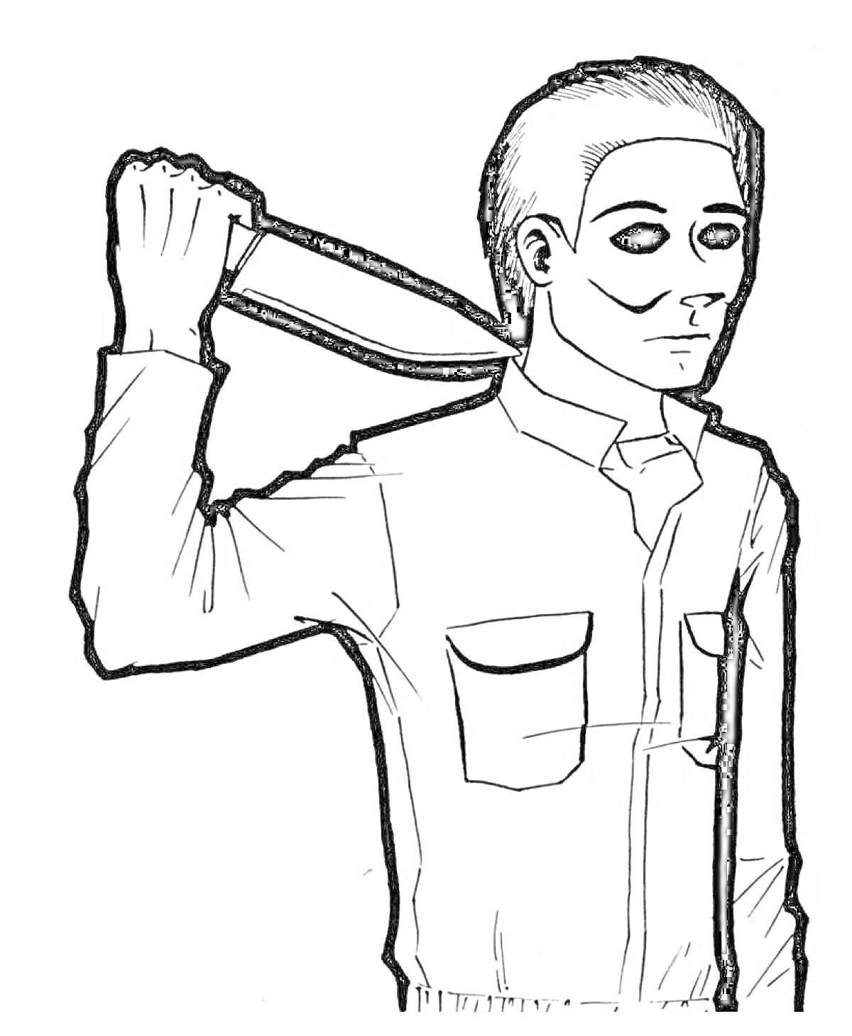 Человек в маске и рубашке держит нож у шеи