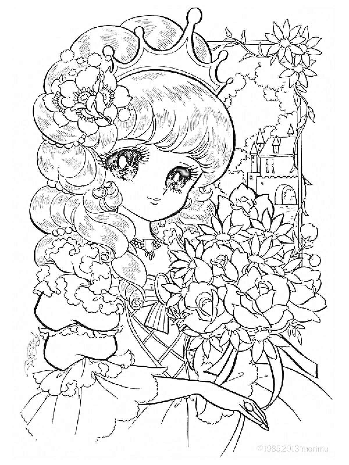 Раскраска Девочка с цветами на фоне замка, корона, большие глаза, кудрявые волосы, букет роз