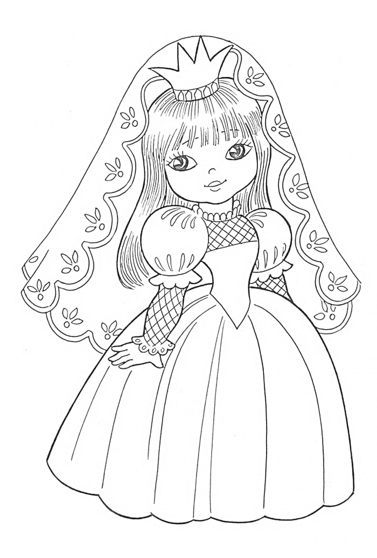 На раскраске изображено: Кукла, Принцесса, Корона, Платье, Фата, Цветочные узоры, Длинные волосы